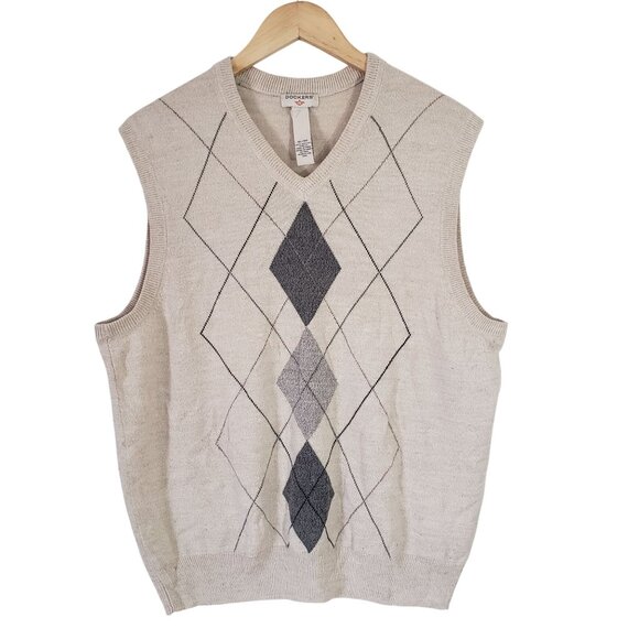 Dockers Mens Beige Sleeveless Argyle Sweater Vest Size XL Preppy Professor Fall - Picture 1 of 5